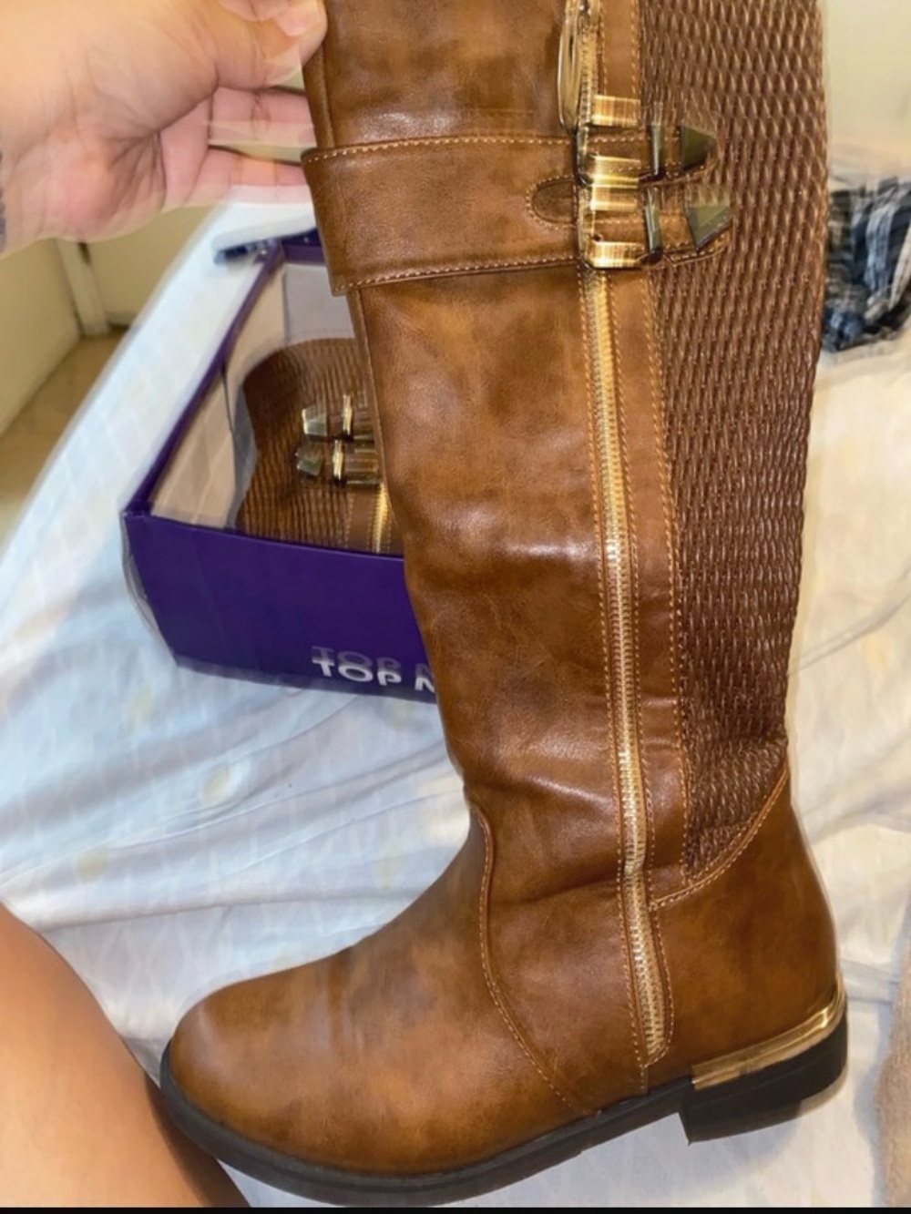 TOP Moda Brown Knee-High Riding Boots with Buckle Detail